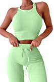 QINSEN Stretchy Leggings Women Ribbed Exercise Outfits 2 Pieces Yoga Sports Bra and Leggings Set Green M