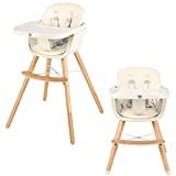 BABY JOY Convertible Baby High Chair, 3 in 1 Wooden Highchair/Booster/Chair with Removable Tray, Adjustable Legs, 5-Point Harness, PU Cushion and Footrest for Baby, Infants, Toddlers (Beige)
