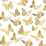3D Butterfly Wall Stickers, 48 Pcs 4 Styles 3 Sizes, Removable Metallic Wall Sticker Room Mural Decals Decoration for Kids Bedroom Nursery Classroom Party Wedding Decor DIY Gift (Gold)