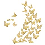 3D Gold Butterfly Wall Decals, 72Pcs 3 Sizes 3 Styles, Removable Srickers Wall Deccor Room Mural for Party Cake Decoration Metallic Fridge Sticker Kids Bedroom Nursery Classroom Wedding Decor DIY Gift (Gold)