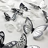 36 PCS 3D Colorful Crystal Butterfly Wall Stickers with Adhesive Art Decal Satin Paper Butterflies Baby Kids Bedroom Home DIY Decor Removable Sticker (Black and White)