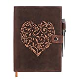 Refillable Leather Journal Lined Notebook - Journals for Women with Embossed Heart Shape – Handmade Full Grain Leather Notebook with Pen Holder – Includes Premium-Milled A5 Lined Paper & Luxury Pen