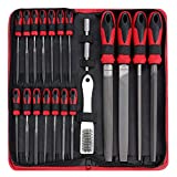 57Pcs Metal & Wood File Rasp Set,Grade T12 Forged Alloy Steel, Half-round/Round/Triangle/Flat 4pcs Large File Tools, 14pcs Needle Files and a pair of Electric Files, a brush and 36pcs emery papers