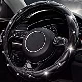 Xizopucy Diamond Leather Bling Steering Wheel Cover, Universal Car Steering Wheel Protector with Crystal Rhinestones Anti-Slip Soft Interior Accessories for Women and Girl Fit 15 inch -Black