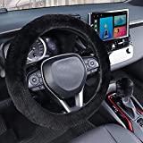 SEG Direct Furry Car Steering Wheel Cover with Fluffy Gear Shift Cover Soft Warm Non-Slip Car Decoration for Women Girls 2 PCS Set (Black)