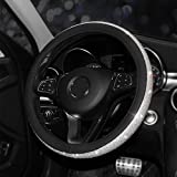 AOWIS 15 Inch Crystal Leather Cover Bling Colorful Steering Wheel Cover for Girls Women (Black Leather White Diamonds)