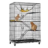 VIVOHOME 4-Tier 49 Inch Collapsible Metal Cat Kitten Ferret Cage 360° Rotating Casters Enclosure Pet Playpen with Ramp Ladders Hammock and Bed