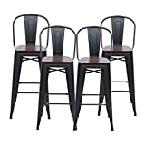 HAOBO Home 30" High Back Barstools Metal Stool with Wooden Seat [Set of 4] Counter Height Bar Stools, Matte Black