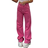 Sunloudy Y2K Jeans High Waist Baggy Denim Pants Candy Color Bell Bottom Wide Leg Straight Jeans Trousers Streetwear (Pink, Medium, m)