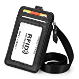 HAWEE Badge Holder with Zipper Genuine Leather RFID Keychain Wallet Neck Lanyards with Swivel Hook for Card/Coin/Cash, Black