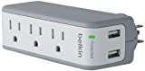 Belkin Wall Mount Surge Protector - 3 AC Multi Outlets & 2 USB Ports - Flat Rotating Plug Splitter - Wall Outlet Extender for Home, Office, Travel, Computer Desktop & Charging Brick - 918 Joules