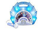 eKids Frozen Sing Along Boom Box Speaker with Microphone for Fans of Frozen Toys for Girls, Kids Karaoke Machine with Built in Music and Flashing Lights, Blue, 3.5mm Audio Jack