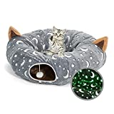 Cat Tunnel Bed Tube with Cushion and Plush Ball Toy Playground Crinkle Collapsible Self-Luminous Flannel Fabric 3FT for Large Cats Kittens Kitty Small Puppy Grey Moon Star