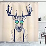 Ambesonne Antlers Shower Curtain, Illustration of Deer Dressed up Like Cool Hipster Fashion Creative Fun Animal, Cloth Fabric Bathroom Decor Set with Hooks, 70" Long, Beige Dark Blue