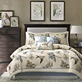 Madison Park Cozy Comforter Nature Scenery Design - All Season Bedding, Matching Bed Skirt, Decorative Pillows, Quincy, Leaf & Bird Khaki Queen(90"x90") 7 Piece