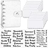 17 Pieces Binder Cover A7 Soft PVC 6-Ring Binder Cover 12 Pieces Mini Binder Pockets A7 Size 6 Holes Binder Zipper and 4 Sheets Cash Envelope Sticker for Budget Plan (Glitter Transparent)