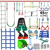 Ninja Warrior Obstacle Course for Kids - 2X65FT Longest Ninja Slackline with Most Complete Accessories for Kids, Swing, Trapeze Swing, Rope Ladder, Obstacle Net Plus 1.2M Arm Trainer
