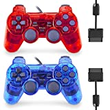 Wired Controller for PS2 Double Shock, 2 Pack Gamepad Remote Compatible with Play station 2 (Clear Red and Clear Blue)
