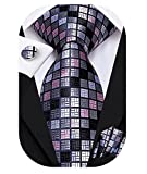 Hi-Tie Grey and Pink Plaid Silk Ties for Men with Handkerchief Cufflinks Set Business