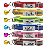 Custom Breakaway Cat Collars with Bell - Engraved Stainless Steel No Noise Slide-On Identification Tags On Collar - Up to 3 Lines of Personalized Text (Reflection)