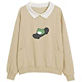 Wrenpies Frog Skateboarding Sweatshirt with Collar Hoodie Cotton Pullover Aesthetic Hoodies for Teen Girls Top Kawaii Clothes (Apricot,M)