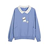 KIEKIECOO Cartoon Cute Cat Sweatshirts for Women Kawaii Clothes Soft Girl Aesthetic Clothing Thin Comfy Pockets Pullover (Blue,Medium,Medium)