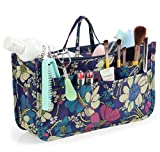 Cosmetic Bag for Women Cute Printing 14 Pockets Expandable Makeup Organizer Purse with Handles (Blue Flower)