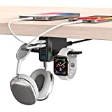 HORUMP Headphone Stand with 5 Port USB Charger, Under Desk Headset Hook Holder Hanger Mount with USB Charging Station and iWatch Stand Smart Watch Charging Dock Dual Earphone Hanger Hook