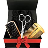 Beard Brush Set With Comb and Scissors Set for Men - Natural Boar Bristle Brush, Durable Wooden Comb Grooming Kit - Maintains Soft, Shiny, Smooth Facial Hair - Mustache Straightening and Shaping Tools