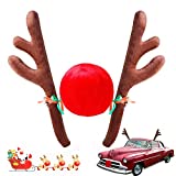 Auto Reindeer Antlers Decoration Kit with Jingle Bells Rudolph Reindeer and Red Nose, Christmas Car Decoration for Car Accessories Window Roof-Top & Front Grille, Decorate Any Vehicle, Easy to Install
