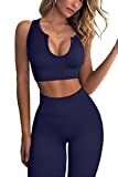 FAFOFA Workout Outfits for Women 2 Piece Ribbed Seamless Crop Tank High Waist Yoga Leggings Sets Dark Blue L