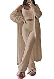 Women 3 Pcs PJ Outfit Set Crop Tops Pants and Open Front Cardigan Tracksuit Lounge Set Camel S