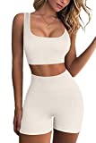 FAFOFA Womens Yoga Short Leggings 2 Piece Outfits Running Crop Top Seamless High Waist Booty Shorts Beige M