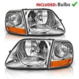 AmeriLite Replacement Crystal Halogen Car Headlights with Corner Parking Set For Ford F150 F-150 Harley Lighting - Driver and Passenger, Vehicle Light Assembly, Chrome