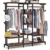 Tribesigns Extra Large Closet Organizer with Hooks, Free-Standing Closet Clothes Rack with Shelves and Hanging Rod, Heavy Duty Industrial Clothing Shelf Closet Storage System for Bedroom (Rustic)