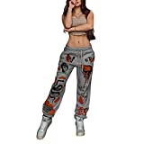 Mandizy Women's Casual Loose Sweatpants Elastic Waist Graphic Print Jogger Trousers Y2k Hippie Athletic Pants 90s Streetwear (Grey, Large)