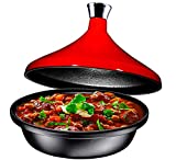 Bruntmor Fire Red Cast Iron Moroccan Tagine 4-Quart Cooking Pot with Silver knob, Enameled Base and Cone-Shaped Ceramic Lid, Good for Baking and Frying, Oven and Dishwasher safe