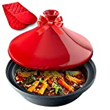 Uno Casa Tagine Pot - 3.65-Quart Moroccan Tajine with Enameled Cast Iron Base and Ceramic Cone-Shaped Lid, Cookware- Red Double Oven Mitts Included