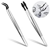 2 Pcs Rubber Tipped Tweezers, 6" Straight Flat Tweezers & Bent Tip Tweezers, Anti-rust Stainless Steel with Soft Rubber Coating for Jewelry Making, DIY Crafts Hobby, Lab, Coin Stamp Tongs