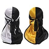 Silky Durag for Men Women Wave Durag Two Tone 360 Waves Pirate Cap with Long Tail Wide Straps 2 PCS (White and Yellow)