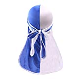 Silky Durag for Men Women Wave Durag Two Tone 360 Waves Pirate Cap with Long Tail Wide Straps DRG15C Blue White