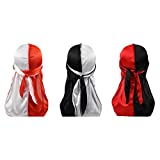 Deepth 3PCS Two Tone Silky Durags Satin Doo Rags 360 Waves with Long Tail Wide Straps for Men Women (Red/White, Black/White, Red/Black, 3)