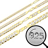 Men's Flat Cuban Chain - Two Tone Diamond Cut - 14k Gold Over Solid 925 Sterling Silver - Made In Italy - 5mm 6mm 8mm 10mm (18, 6mm)