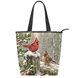 Winter Cardinal Bird Snowy Tree Canvas Tote Bag Holly Leaves Berries Christmas Gifts Casual Shoulder Bag Handbag with Zipper Eco-Friendly Reusable Grocery Shopping Bags for Women Girls