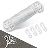 NQ Flag Pole Rope Kit - 50 Feet x 1/4" Diameter Flag Pole Halyard Nylon Rope with 4 Pieces Flag Pole Hook Clips - Outdoor Flagpole Accessories, Rope for Clothesline, Swing, Camping (50FT, White)