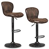 COSTWAY Vintage Bar Stool, Set of 2 Armless Hydraulic Lift Adjustable Seat Height with Footrest, Hot-Stamping Cloth and Backrest for Kitchen Dining Living Bistro Pub Counter Back Barstool, Brown