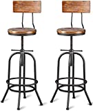 Set of 2-Industrial Bar Stools with Backrest-Swivel Wood Seat-Bar Counter Height Adjustable 26-32.2inch-Kitchen Island Dining Chair