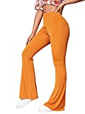 SweatyRocks Women's Elastic High Waist Flared Bell Bottom Ribbed Knit Yoga Pants Orange S