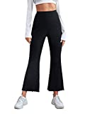 Verdusa Women's Lettuce Hem High Waist Ribbed Flare Leg Pants Black Cropped M