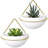 Mkono Ceramic Wall Planter Set of 2 Hanging Planter with Metal Geometric Plant Hanger, Modern Wall Mounted Plant Pot for Succulent Air Plant Cactus Indoor Home Office Decor Gift Idea, White